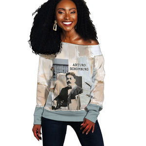 Arturo Schomburg Harlem Renaissance Off Shoulder Sweater Beige Grey Vintage Torn Paper History Portrait