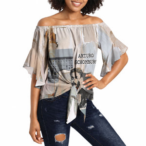 Arturo Schomburg Harlem Renaissance Off Shoulder Wrap Waist Top Beige Grey Vintage Torn Paper History Portrait