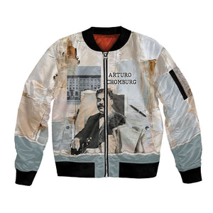 Arturo Schomburg Harlem Renaissance Sleeve Zip Bomber Jacket Beige Grey Vintage Torn Paper History Portrait