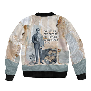 Arturo Schomburg Harlem Renaissance Sleeve Zip Bomber Jacket Beige Grey Vintage Torn Paper History Portrait