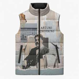 Arturo Schomburg Harlem Renaissance Sleeveless Puffer Jacket Beige Grey Vintage Torn Paper History Portrait
