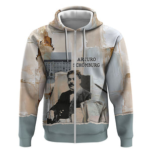 Arturo Schomburg Harlem Renaissance Zip Hoodie Beige Grey Vintage Torn Paper History Portrait