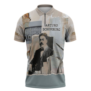 Arturo Schomburg Harlem Renaissance Zipper Polo Shirt Beige Grey Vintage Torn Paper History Portrait