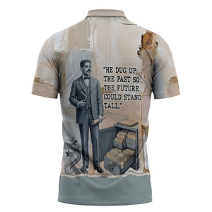 Arturo Schomburg Harlem Renaissance Zipper Polo Shirt Beige Grey Vintage Torn Paper History Portrait