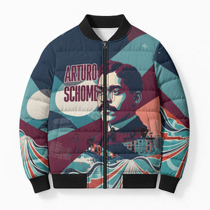 Arturo Schomburg Harlem Renaissance The Man Who Built A Library Bomber Puffer Jacket Blue Red Retro Pop Art Vintage Books History Portrait
