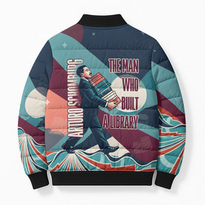 Arturo Schomburg Harlem Renaissance The Man Who Built A Library Bomber Puffer Jacket Blue Red Retro Pop Art Vintage Books History Portrait