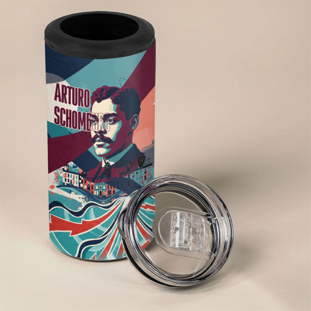 Arturo Schomburg Harlem Renaissance The Man Who Built A Library 4 in 1 Can Cooler Tumbler Blue Red Retro Pop Art Vintage Books History Portrait
