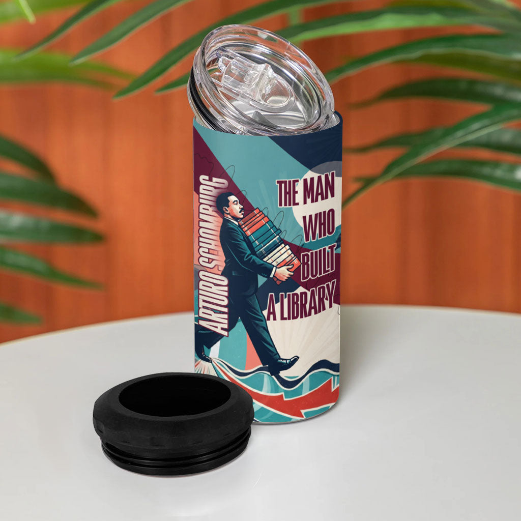 Arturo Schomburg Harlem Renaissance The Man Who Built A Library 4 in 1 Can Cooler Tumbler Blue Red Retro Pop Art Vintage Books History Portrait