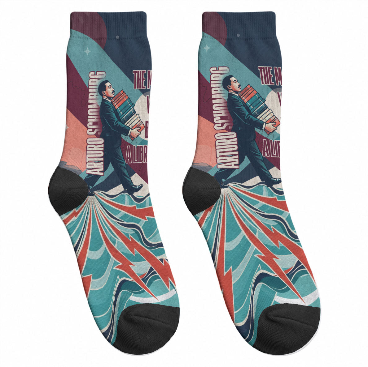Arturo Schomburg Harlem Renaissance The Man Who Built A Library Crew Socks Blue Red Retro Pop Art Vintage Books History Portrait