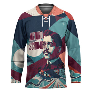 Arturo Schomburg Harlem Renaissance The Man Who Built A Library Hockey Jersey Blue Red Retro Pop Art Vintage Books History Portrait