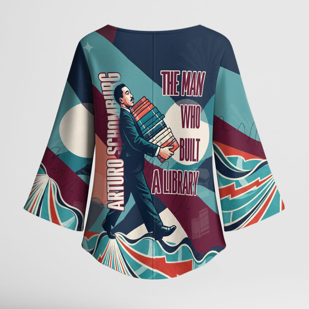 Arturo Schomburg Harlem Renaissance The Man Who Built A Library Kimono Sleeve Blouse Blue Red Retro Pop Art Vintage Books History Portrait