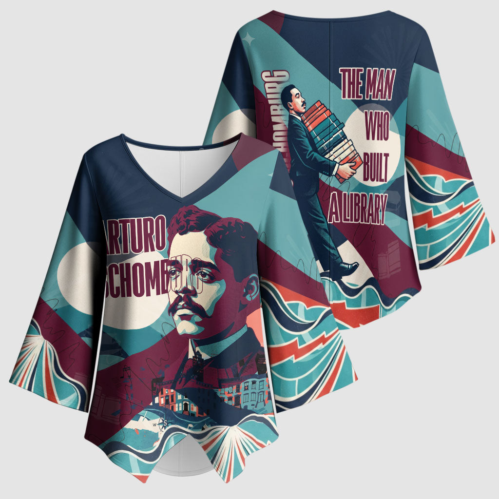 Arturo Schomburg Harlem Renaissance The Man Who Built A Library Kimono Sleeve Blouse Blue Red Retro Pop Art Vintage Books History Portrait