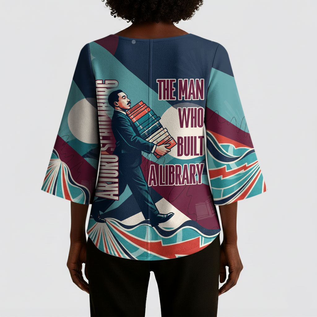 Arturo Schomburg Harlem Renaissance The Man Who Built A Library Kimono Sleeve Blouse Blue Red Retro Pop Art Vintage Books History Portrait