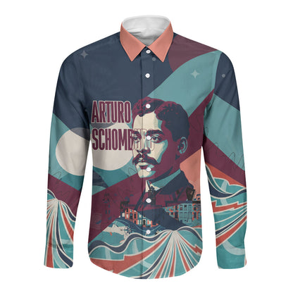 Arturo Schomburg Harlem Renaissance The Man Who Built A Library Long Sleeve Button Shirt Blue Red Retro Pop Art Vintage Books History Portrait