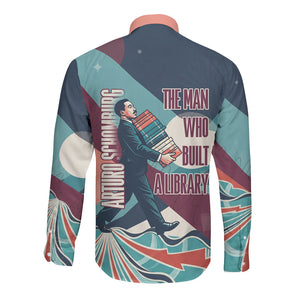 Arturo Schomburg Harlem Renaissance The Man Who Built A Library Long Sleeve Button Shirt Blue Red Retro Pop Art Vintage Books History Portrait