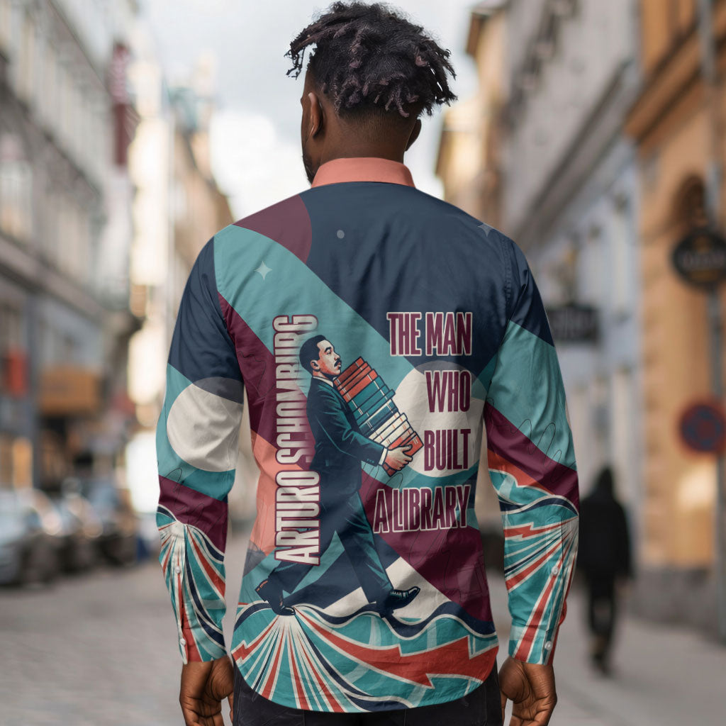 Arturo Schomburg Harlem Renaissance The Man Who Built A Library Long Sleeve Button Shirt Blue Red Retro Pop Art Vintage Books History Portrait