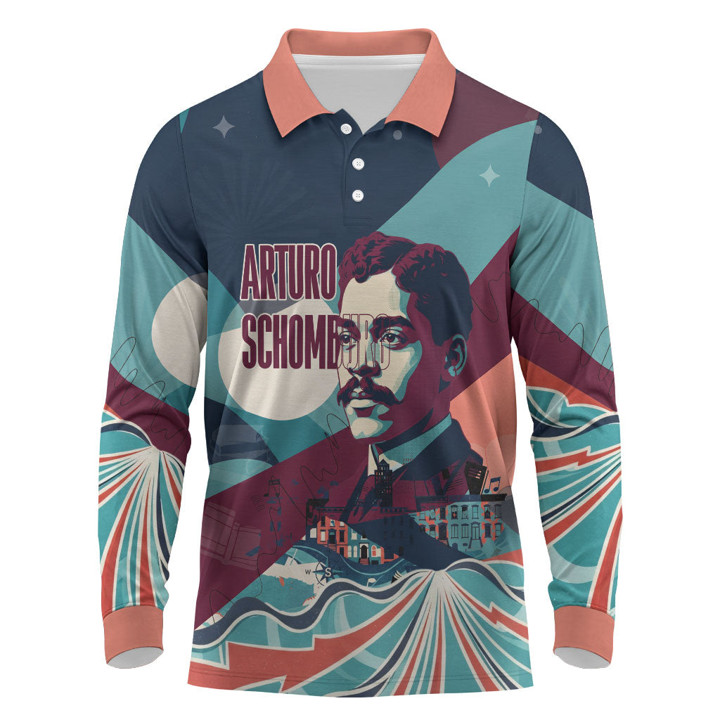 Arturo Schomburg Harlem Renaissance The Man Who Built A Library Long Sleeve Polo Shirt Blue Red Retro Pop Art Vintage Books History Portrait