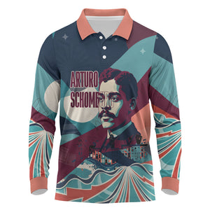 Arturo Schomburg Harlem Renaissance The Man Who Built A Library Long Sleeve Polo Shirt Blue Red Retro Pop Art Vintage Books History Portrait