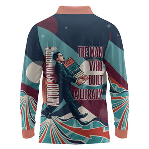 Arturo Schomburg Harlem Renaissance The Man Who Built A Library Long Sleeve Polo Shirt Blue Red Retro Pop Art Vintage Books History Portrait