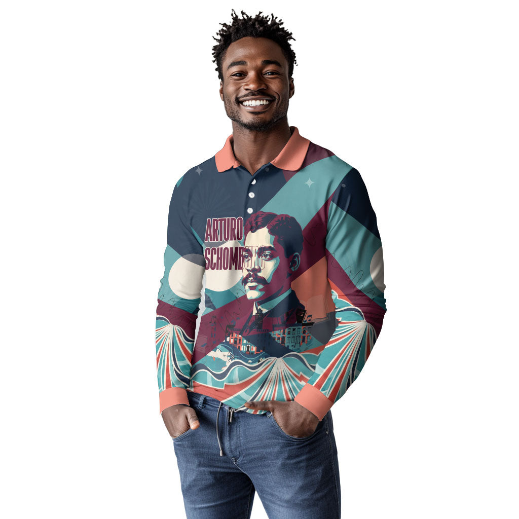 Arturo Schomburg Harlem Renaissance The Man Who Built A Library Long Sleeve Polo Shirt Blue Red Retro Pop Art Vintage Books History Portrait