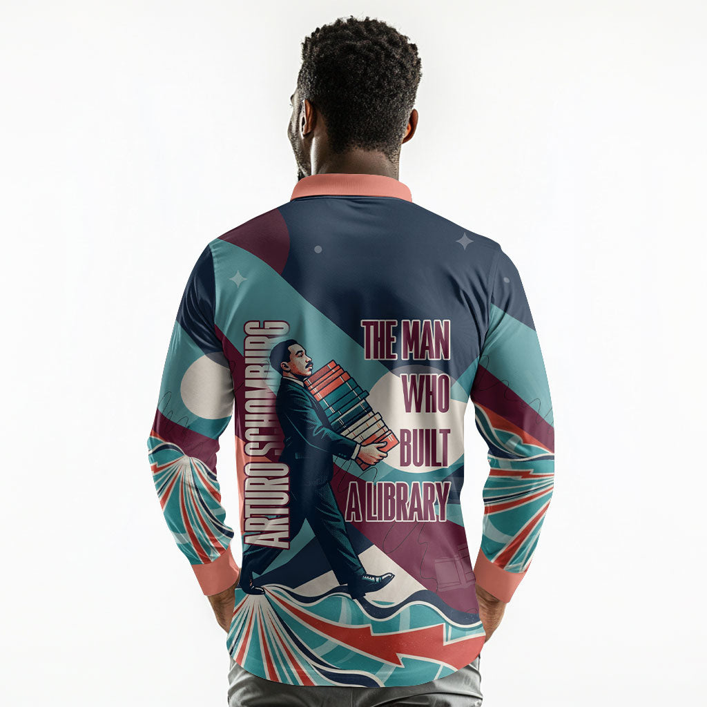 Arturo Schomburg Harlem Renaissance The Man Who Built A Library Long Sleeve Polo Shirt Blue Red Retro Pop Art Vintage Books History Portrait