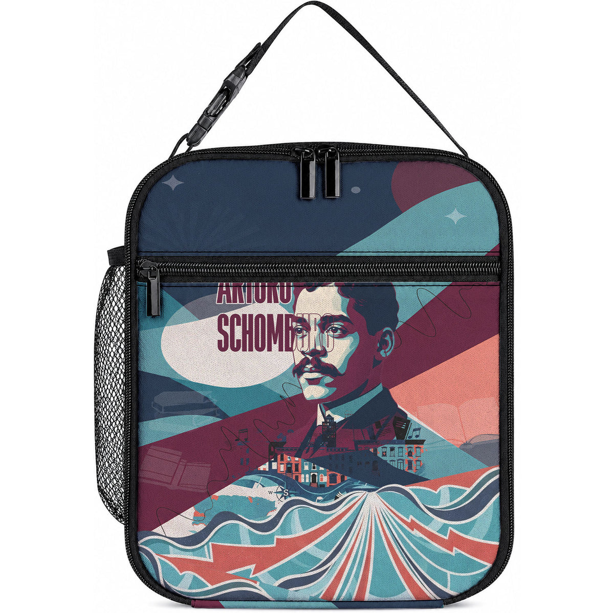 Arturo Schomburg Harlem Renaissance The Man Who Built A Library Lunch Bag Blue Red Retro Pop Art Vintage Books History Portrait