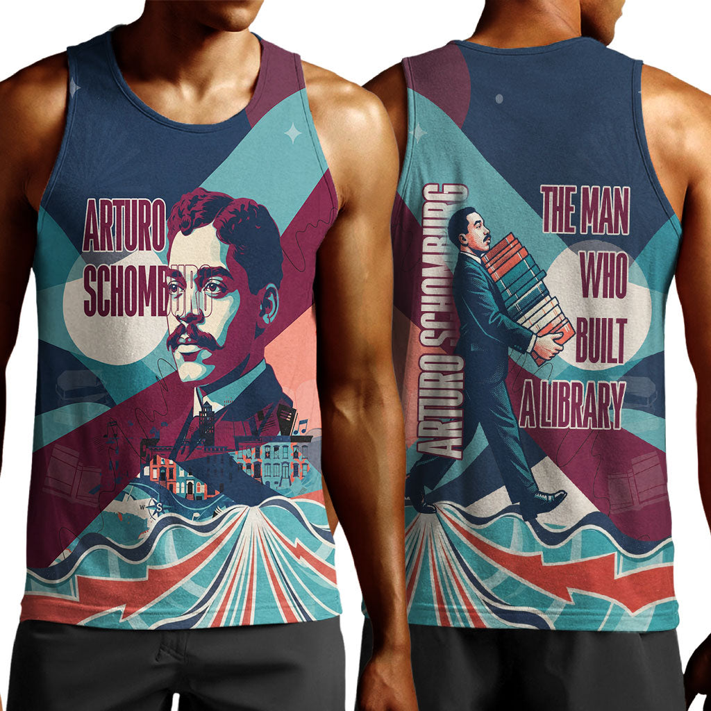 Arturo Schomburg Harlem Renaissance The Man Who Built A Library Men Tank Top Blue Red Retro Pop Art Vintage Books History Portrait