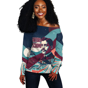 Arturo Schomburg Harlem Renaissance The Man Who Built A Library Off Shoulder Sweater Blue Red Retro Pop Art Vintage Books History Portrait