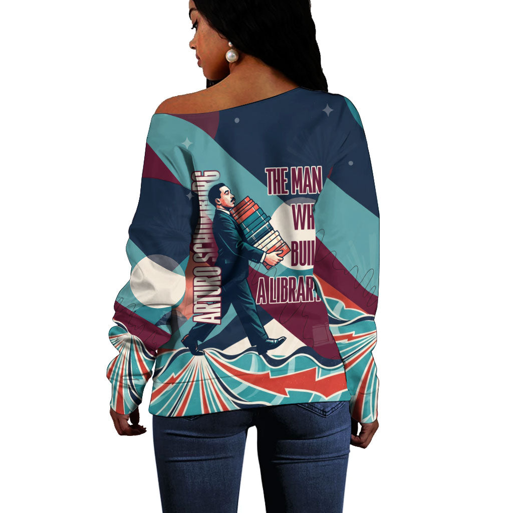 Arturo Schomburg Harlem Renaissance The Man Who Built A Library Off Shoulder Sweater Blue Red Retro Pop Art Vintage Books History Portrait