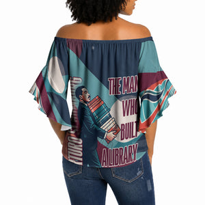 Arturo Schomburg Harlem Renaissance The Man Who Built A Library Off Shoulder Wrap Waist Top Blue Red Retro Pop Art Vintage Books History Portrait