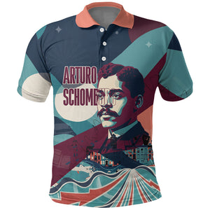 Arturo Schomburg Harlem Renaissance The Man Who Built A Library Polo Shirt Blue Red Retro Pop Art Vintage Books History Portrait