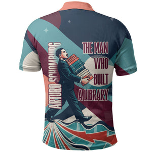 Arturo Schomburg Harlem Renaissance The Man Who Built A Library Polo Shirt Blue Red Retro Pop Art Vintage Books History Portrait