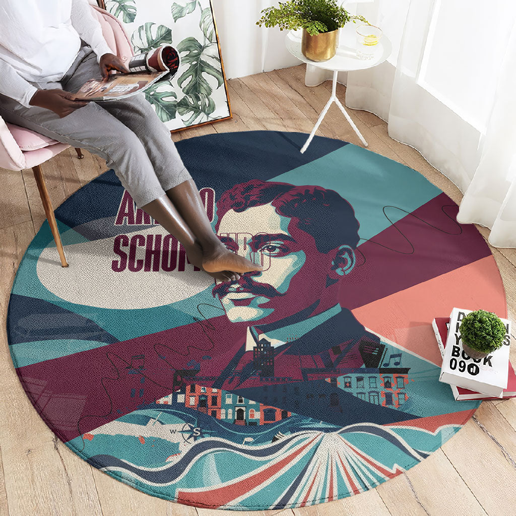 Arturo Schomburg Harlem Renaissance The Man Who Built A Library Round Carpet Blue Red Retro Pop Art Vintage Books History Portrait