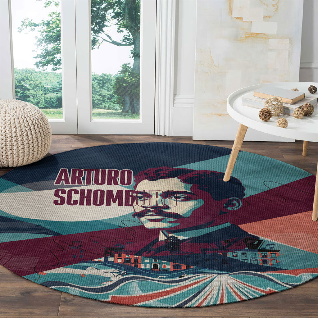 Arturo Schomburg Harlem Renaissance The Man Who Built A Library Round Carpet Blue Red Retro Pop Art Vintage Books History Portrait