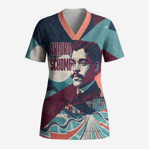 Arturo Schomburg Harlem Renaissance The Man Who Built A Library Scrub Top Blue Red Retro Pop Art Vintage Books History Portrait