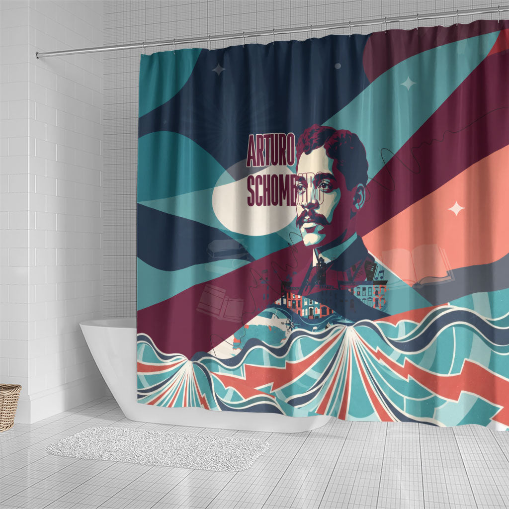 Arturo Schomburg Harlem Renaissance The Man Who Built A Library Shower Curtain Blue Red Retro Pop Art Vintage Books History Portrait