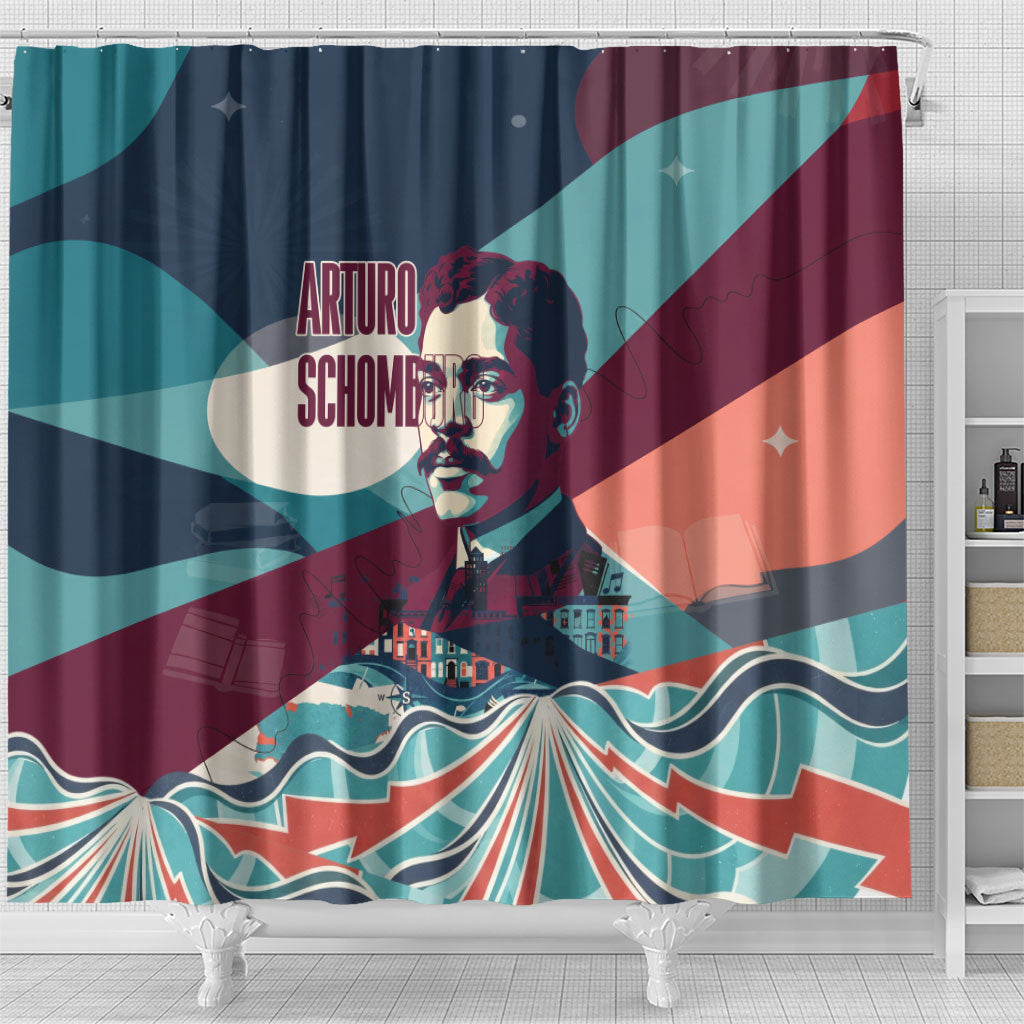 Arturo Schomburg Harlem Renaissance The Man Who Built A Library Shower Curtain Blue Red Retro Pop Art Vintage Books History Portrait