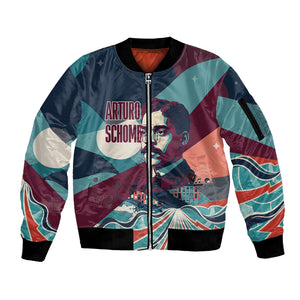 Arturo Schomburg Harlem Renaissance The Man Who Built A Library Sleeve Zip Bomber Jacket Blue Red Retro Pop Art Vintage Books History Portrait