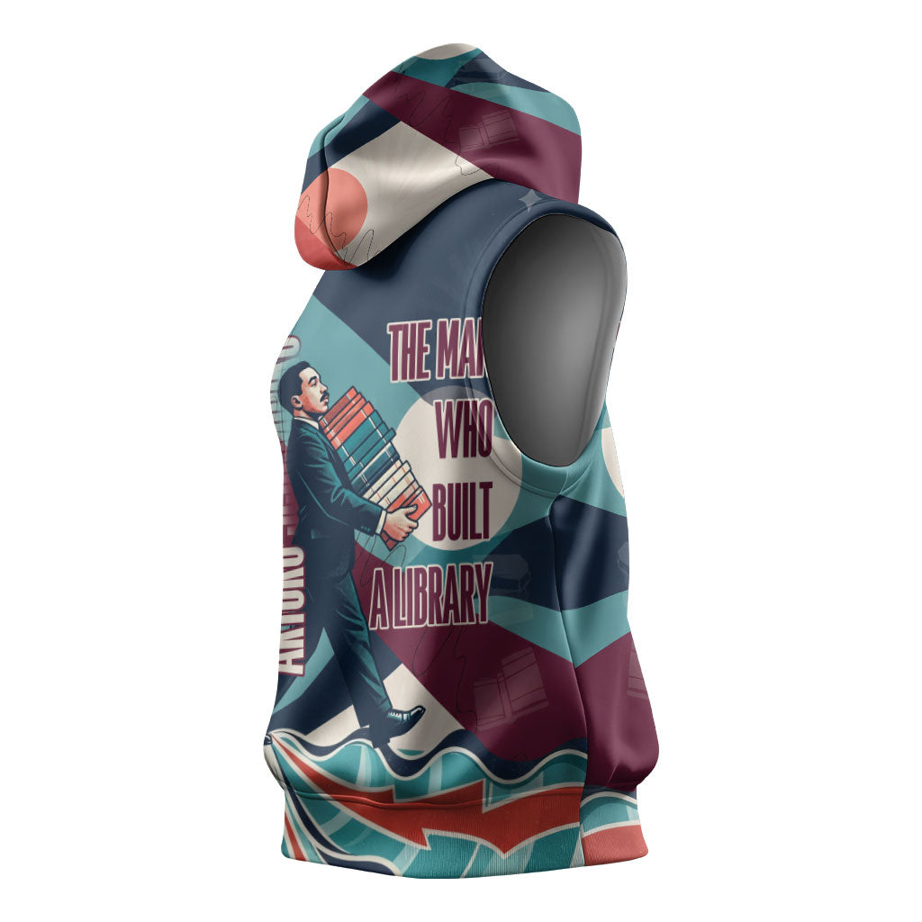 Arturo Schomburg Harlem Renaissance The Man Who Built A Library Sleeveless Hoodie Blue Red Retro Pop Art Vintage Books History Portrait