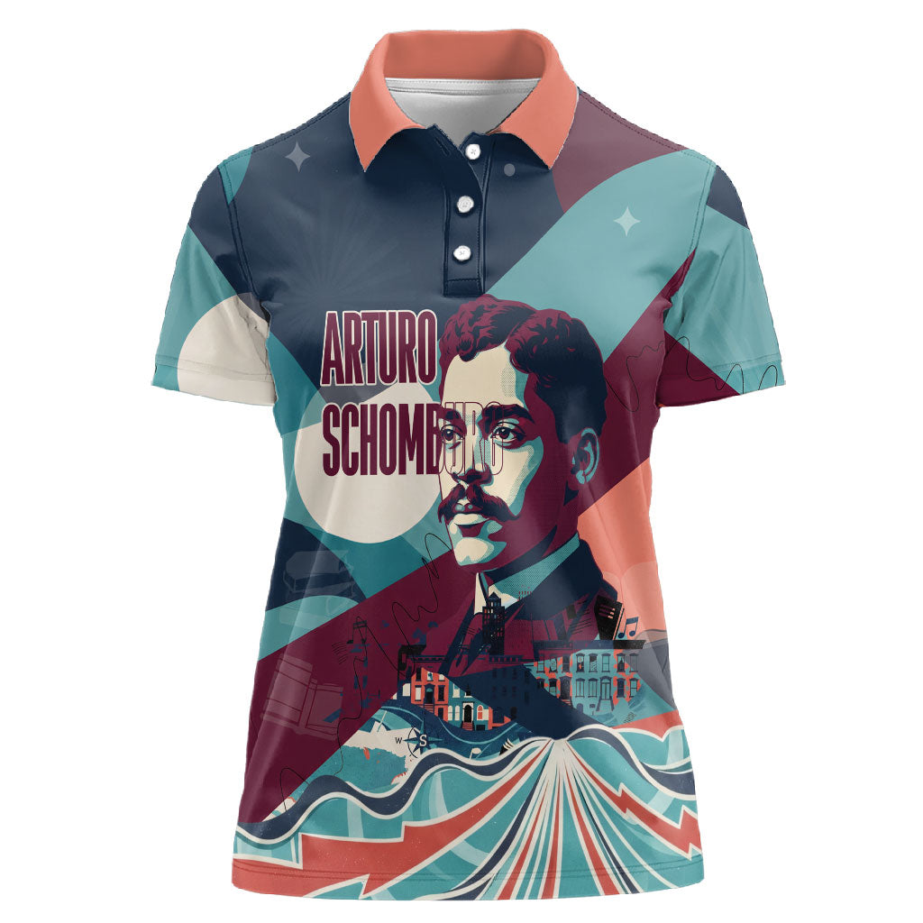 Arturo Schomburg Harlem Renaissance The Man Who Built A Library Women Polo Shirt Blue Red Retro Pop Art Vintage Books History Portrait