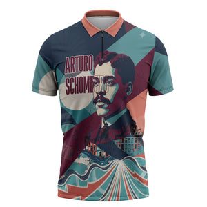 Arturo Schomburg Harlem Renaissance The Man Who Built A Library Zipper Polo Shirt Blue Red Retro Pop Art Vintage Books History Portrait