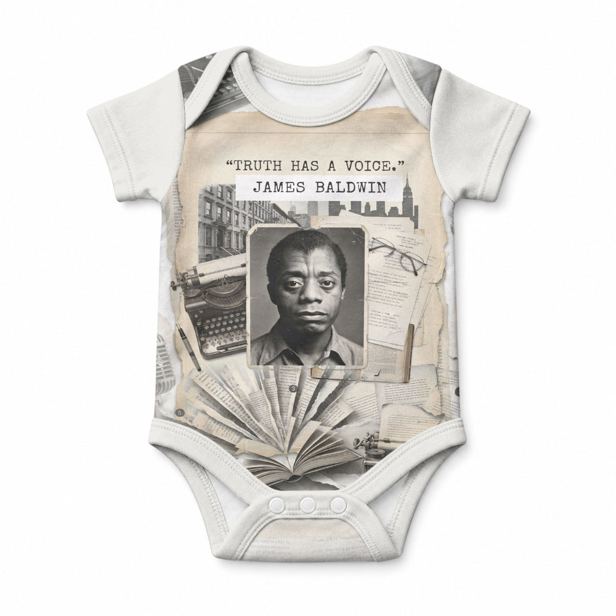James Baldwin Truth Has A Voice Baby Onesie Vintage Newspaper Collage Book Writer