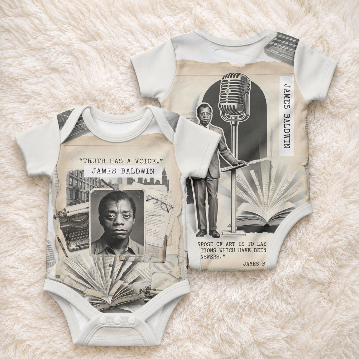 James Baldwin Truth Has A Voice Baby Onesie Vintage Newspaper Collage Book Writer