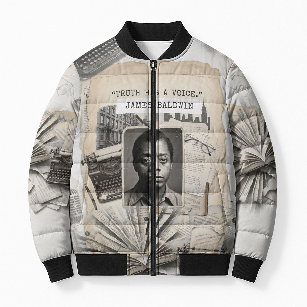 James Baldwin Truth Has A Voice Bomber Puffer Jacket Vintage Newspaper Collage Book Writer