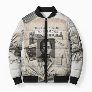 James Baldwin Truth Has A Voice Bomber Puffer Jacket Vintage Newspaper Collage Book Writer