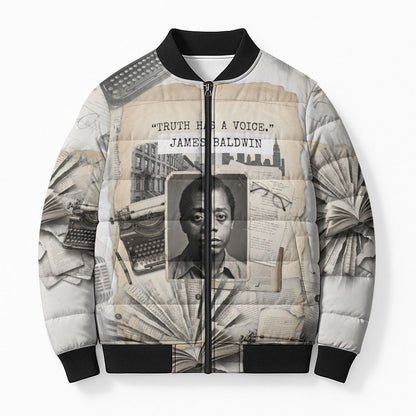 James Baldwin Truth Has A Voice Bomber Puffer Jacket Vintage Newspaper Collage Book Writer