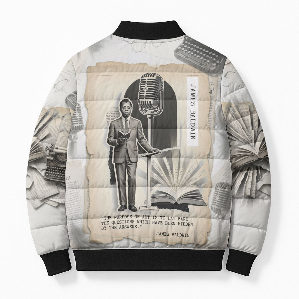 James Baldwin Truth Has A Voice Bomber Puffer Jacket Vintage Newspaper Collage Book Writer