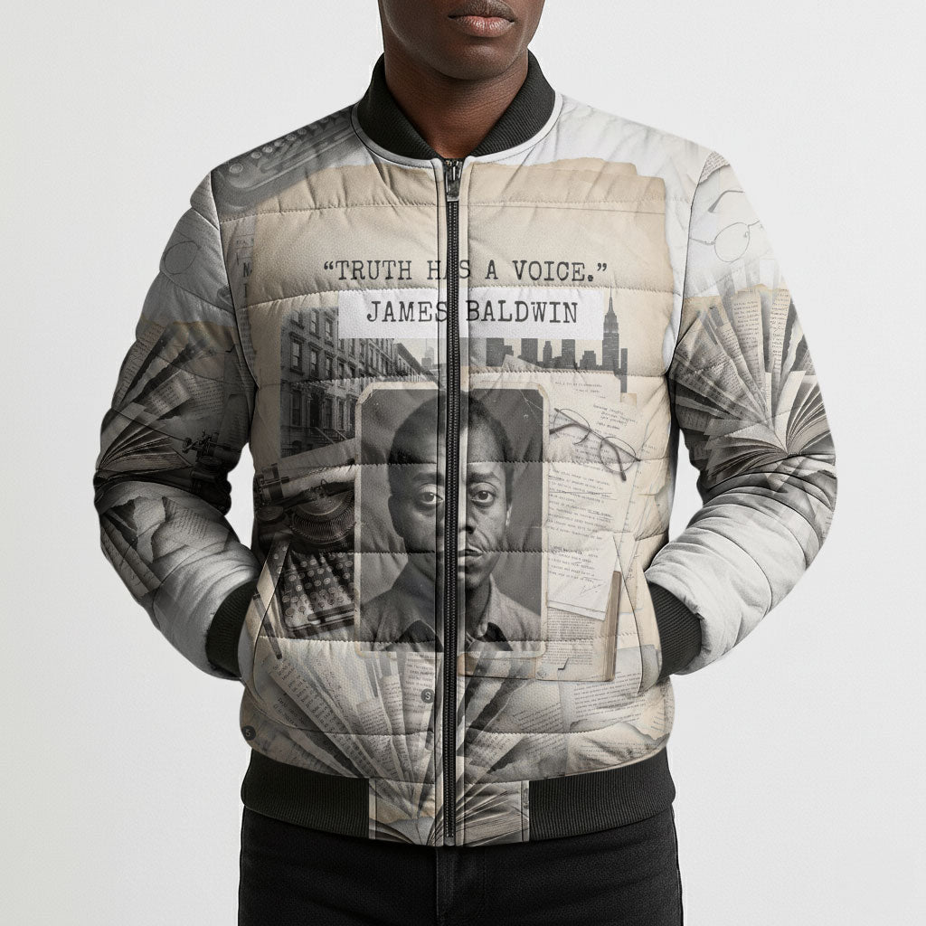 James Baldwin Truth Has A Voice Bomber Puffer Jacket Vintage Newspaper Collage Book Writer