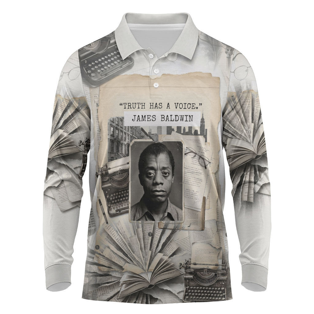 James Baldwin Truth Has A Voice Long Sleeve Polo Shirt Vintage Newspaper Collage Book Writer