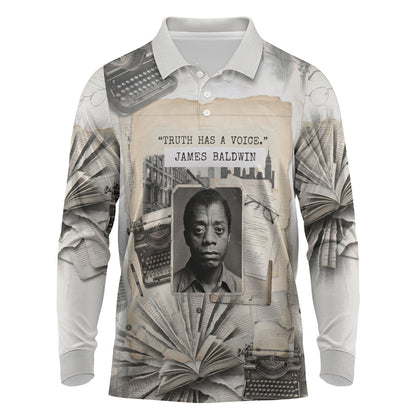 James Baldwin Truth Has A Voice Long Sleeve Polo Shirt Vintage Newspaper Collage Book Writer